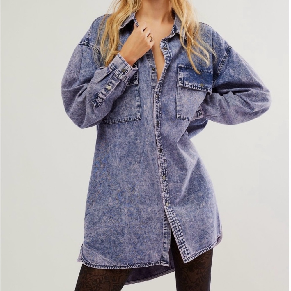 One Teaspoon Acid Wash Oversized Nixie Denim Shirt Dress - Blue